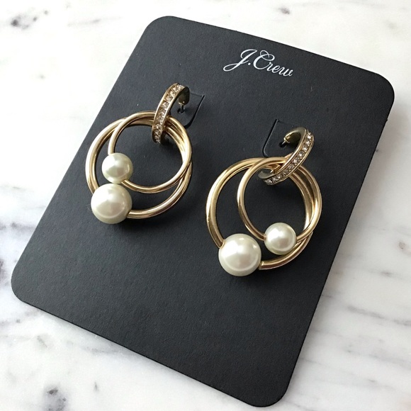 CREW Pearl Crystal Drop Hoop Earrings New With Tag